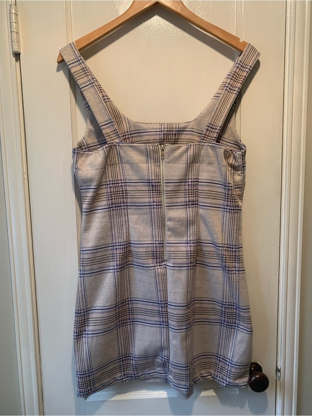 Altar’d State NWT Plaid Square-Neck Pinafore Dress in Light Gray, Blue & Pink L - Picture 3 of 16